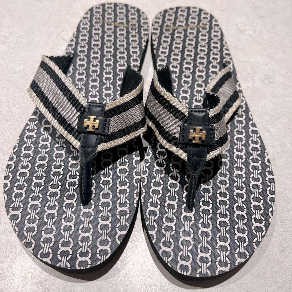 Tory Burch Black and White Striped Logo Flip Flop Sandals